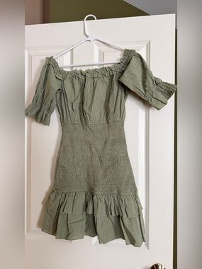 Simple Olive Green Off-Shoulder Smocked Ruffle Mini Dress